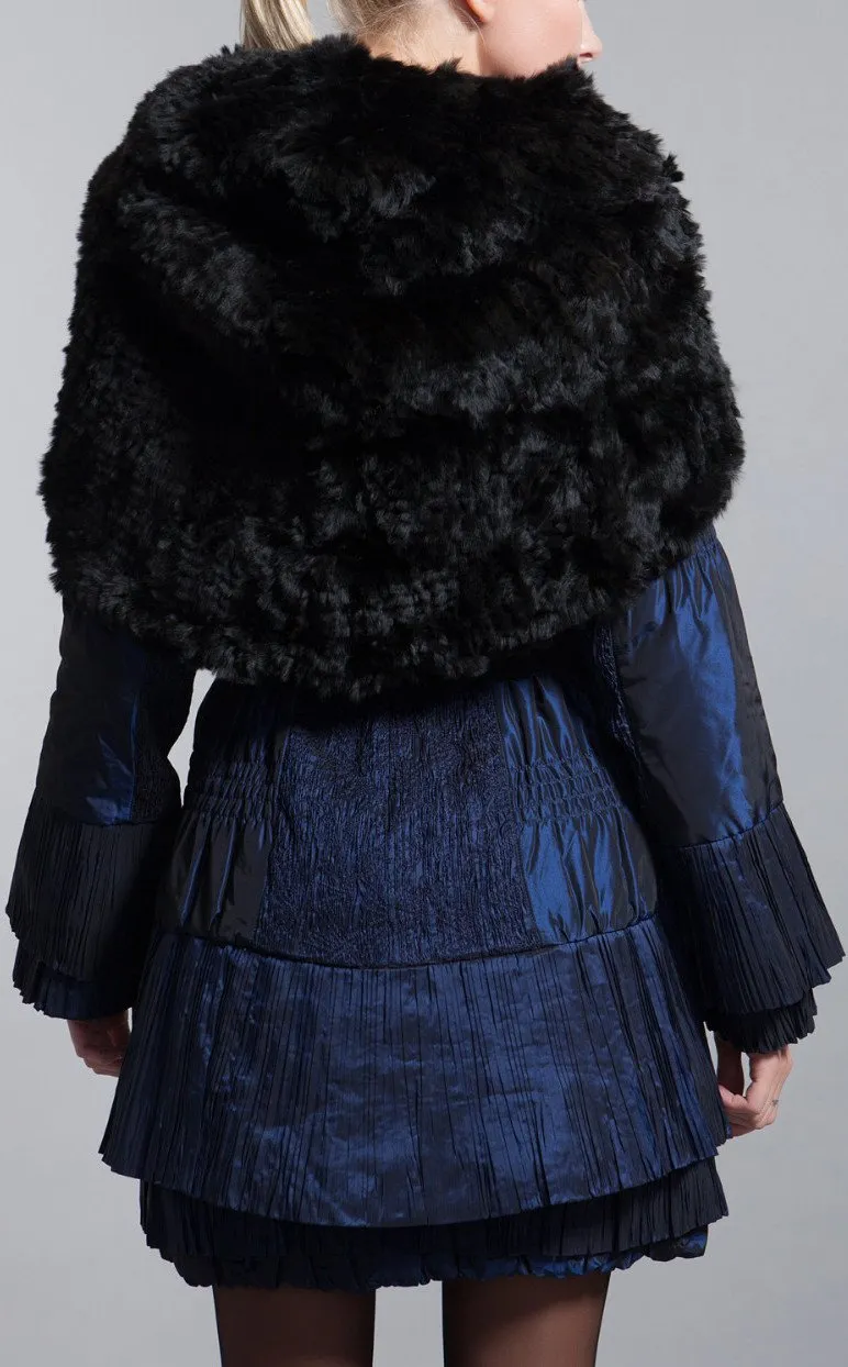 Belted Pleated-Tiered Rabbit-Fur Collar Quilted Coat