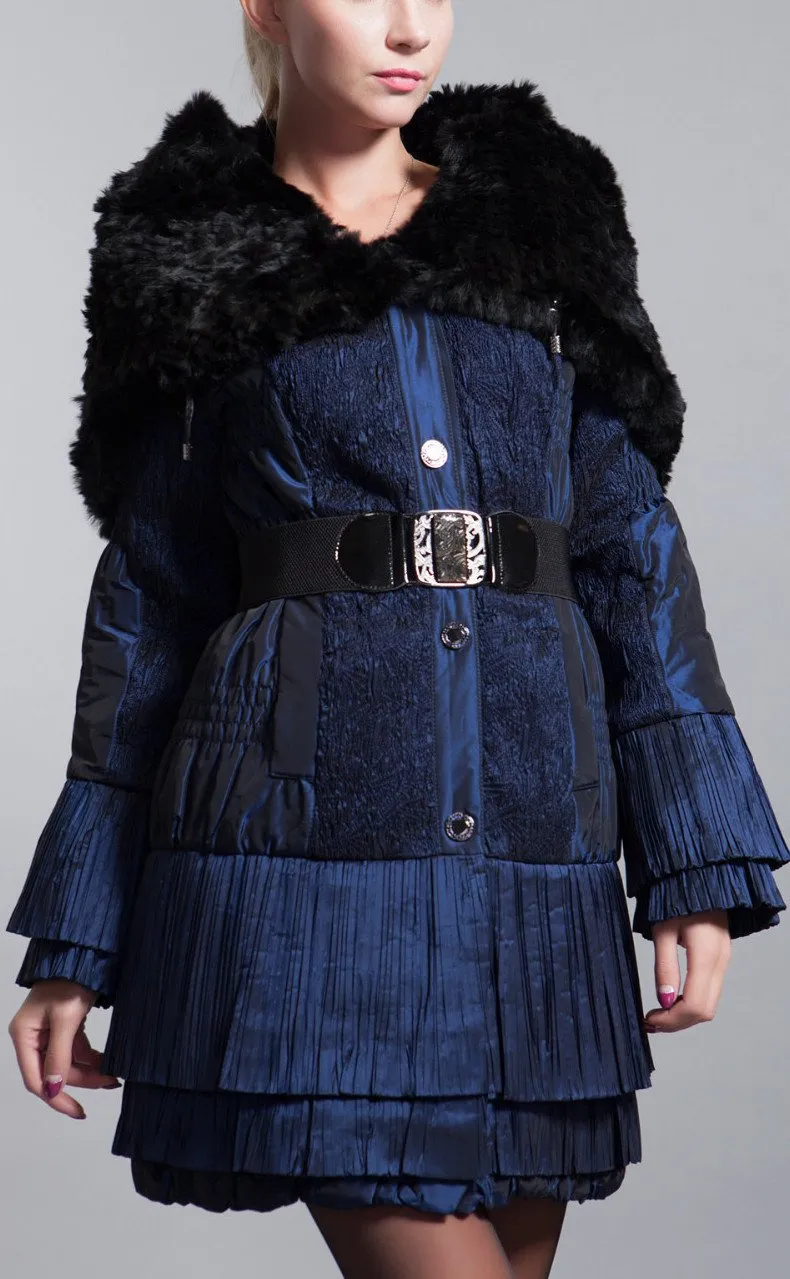 Belted Pleated-Tiered Rabbit-Fur Collar Quilted Coat