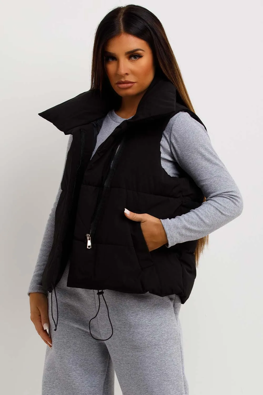 Black Puffer Duvet Gilet With Drawstrings