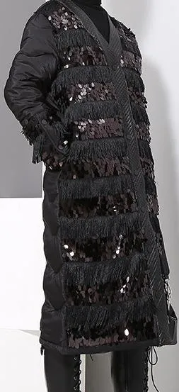 Black Sequin-Embellished Fringed Quilted Coat