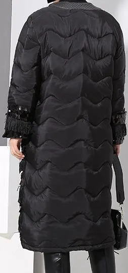 Black Sequin-Embellished Fringed Quilted Coat