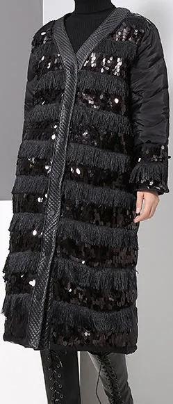 Black Sequin-Embellished Fringed Quilted Coat