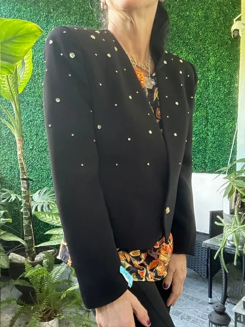 Black Tailored Blazer Bedazzled Crystal Cropped Embellishment Constance Saunders for Richard Warren