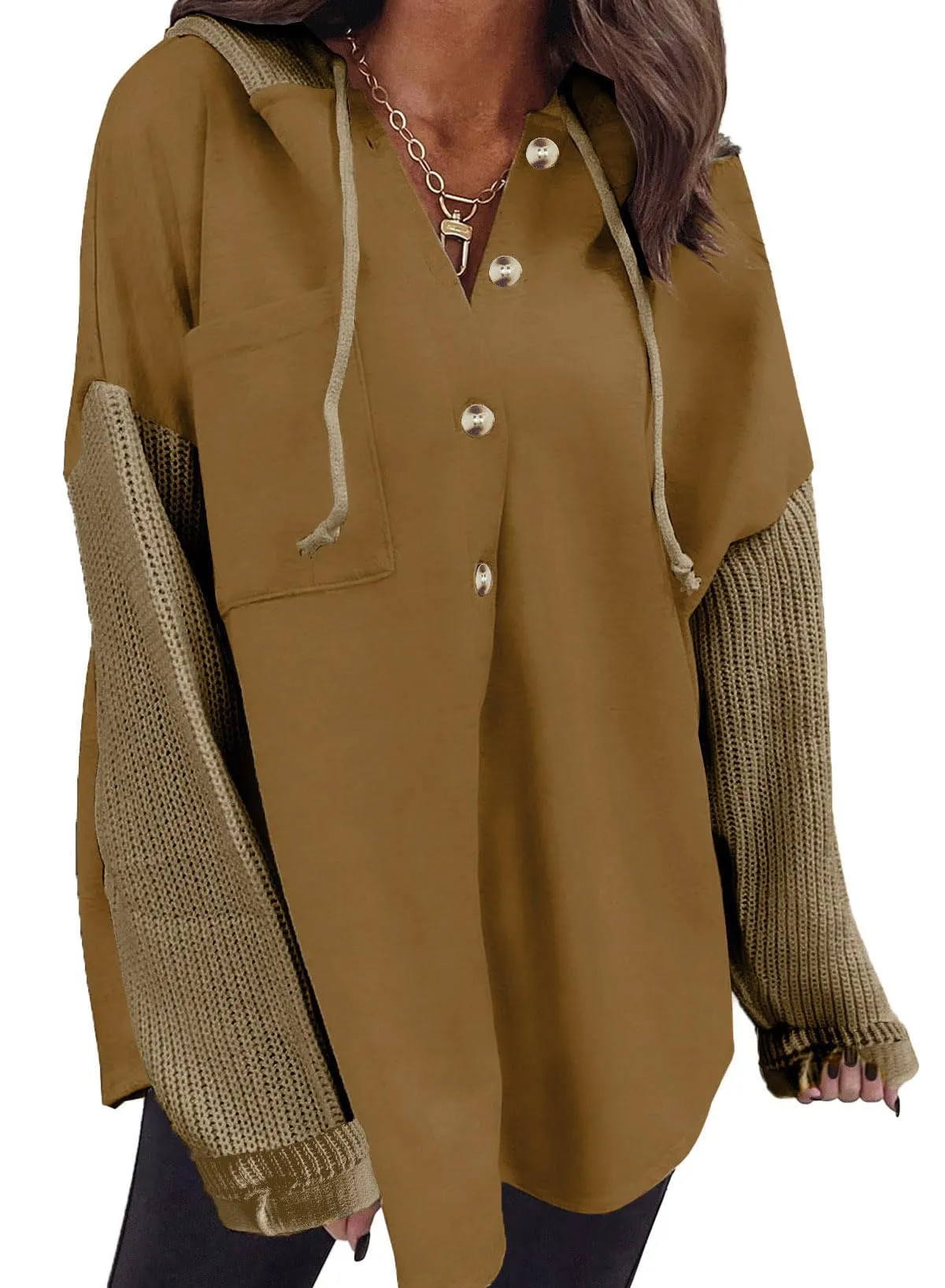 Brown Women Loose Fit Casual Hooded Sweatshirt Hoodie with Pocket - Shewin