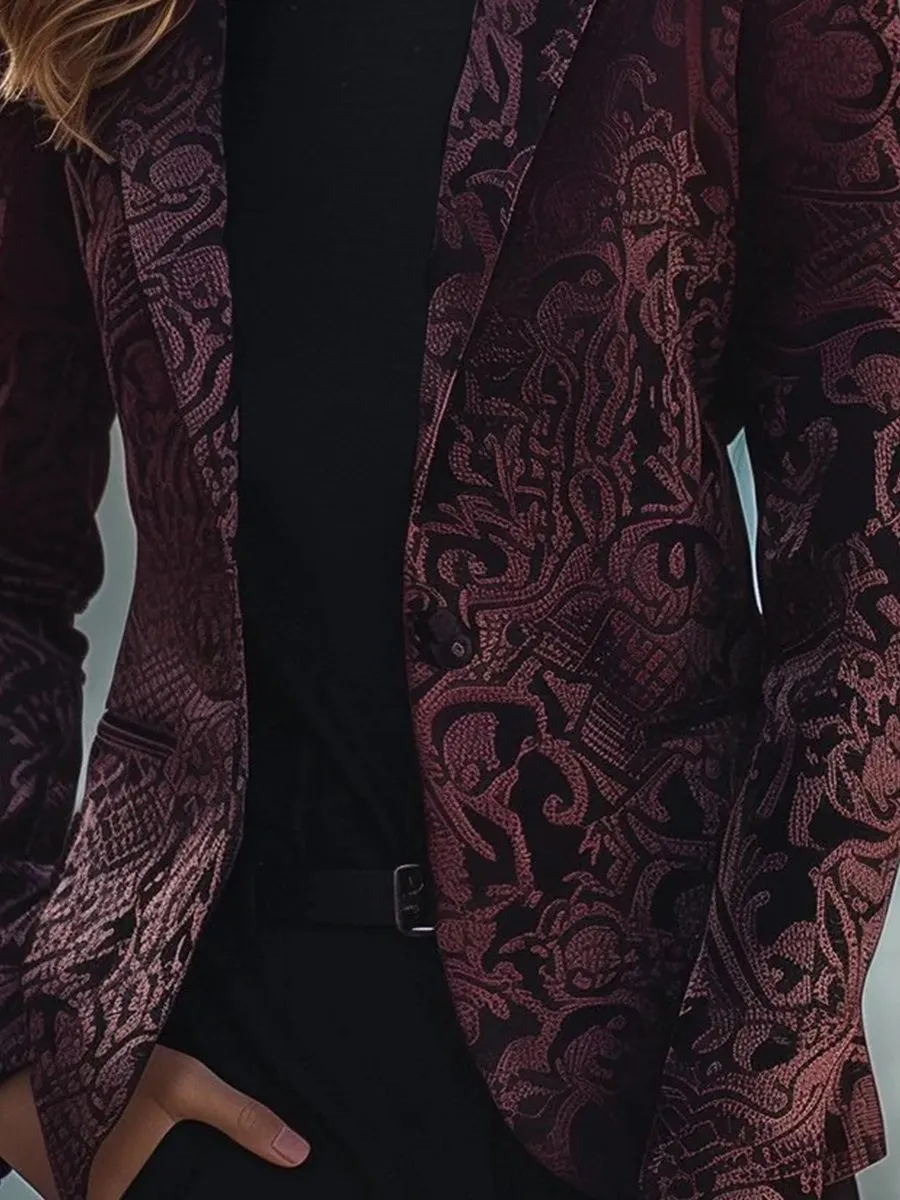 Burgundy Jacquard Blazer with Intricate Floral Pattern