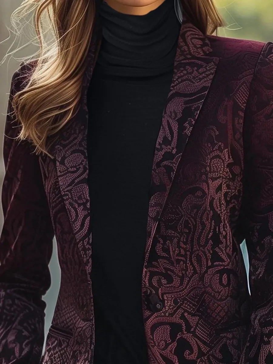 Burgundy Jacquard Blazer with Intricate Floral Pattern