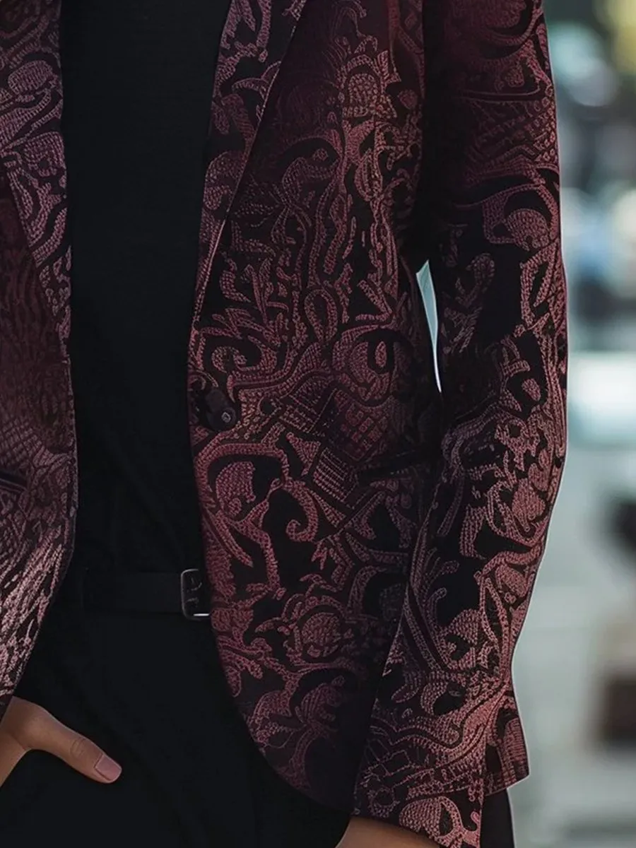 Burgundy Jacquard Blazer with Intricate Floral Pattern