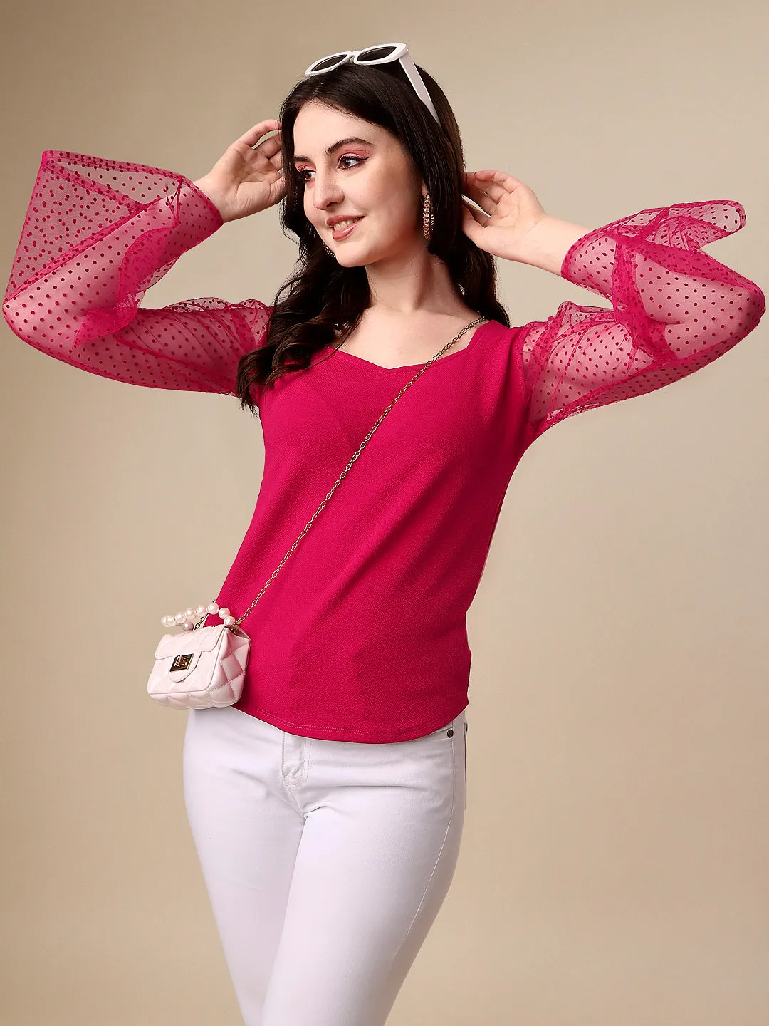 Casual Butterfly Sleeves Solid Women Pink Top