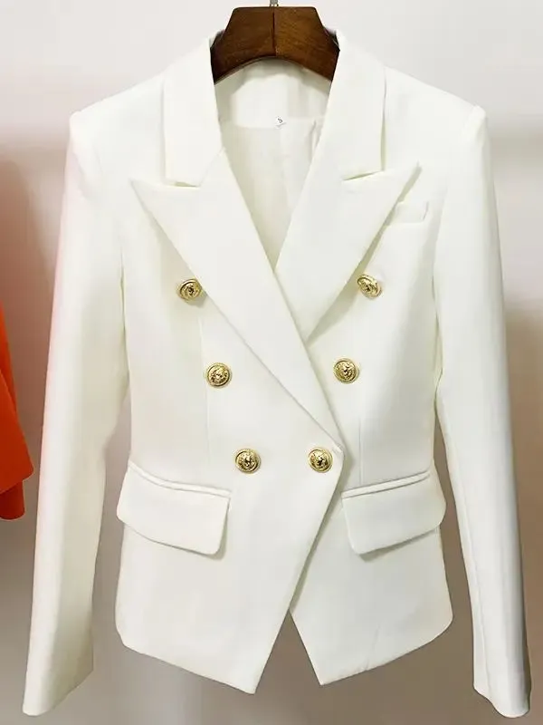 Classic Balmain Inspired Designer Double Breasted Metal Lion Buttons Blazer