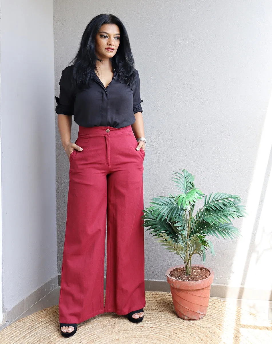 Co-Ord Set Black Linen Shirt and Maroon Wide Leg Pants