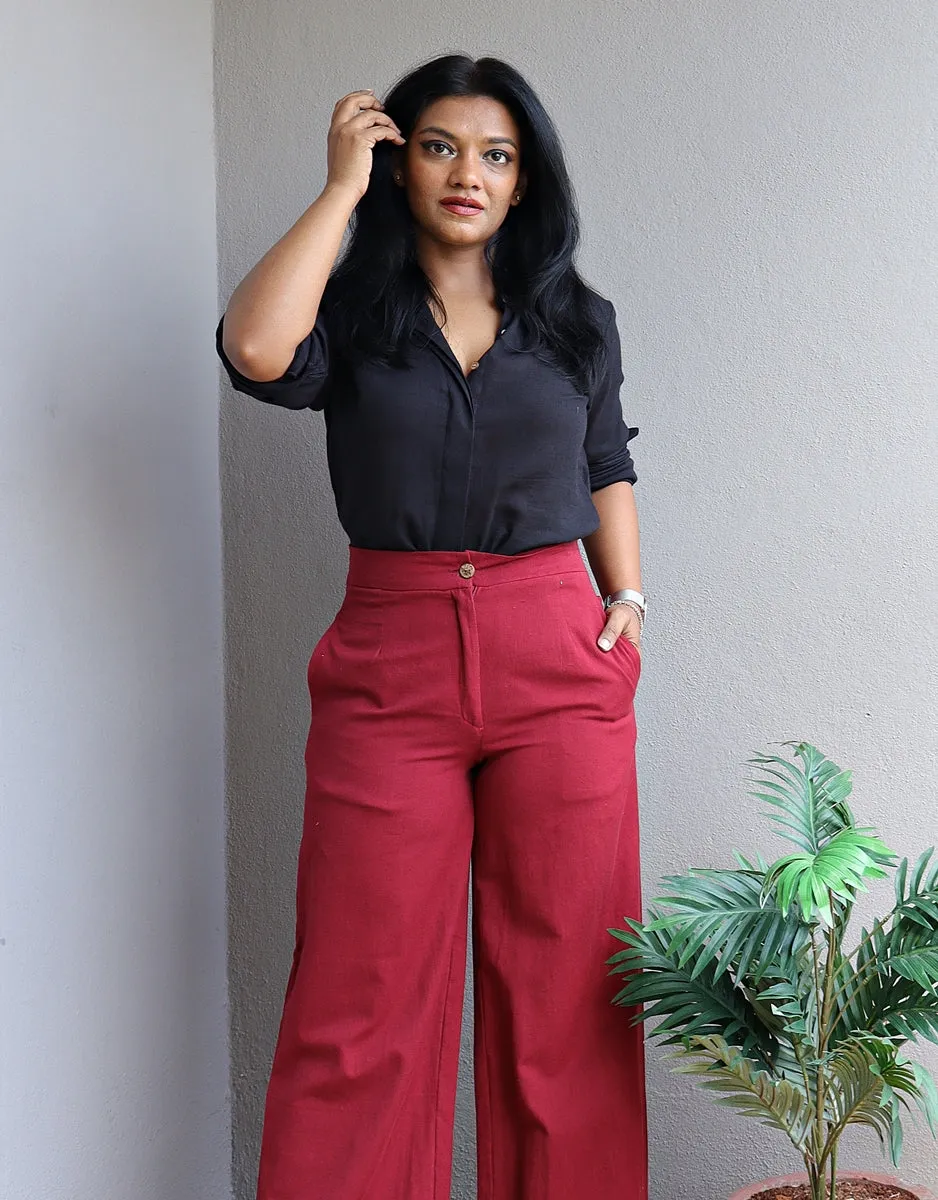 Co-Ord Set Black Linen Shirt and Maroon Wide Leg Pants