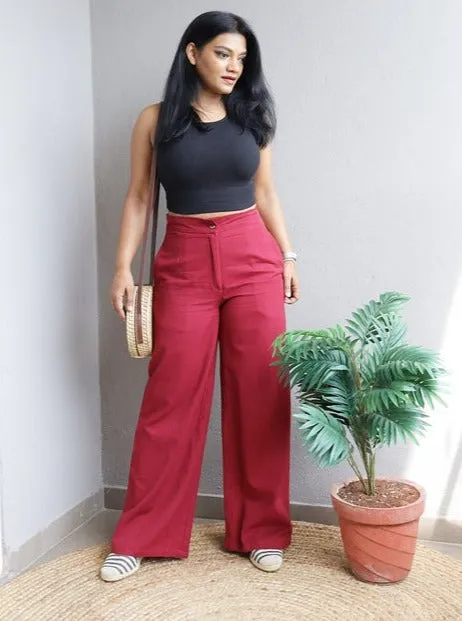 Co-Ord Set Black Linen Shirt and Maroon Wide Leg Pants