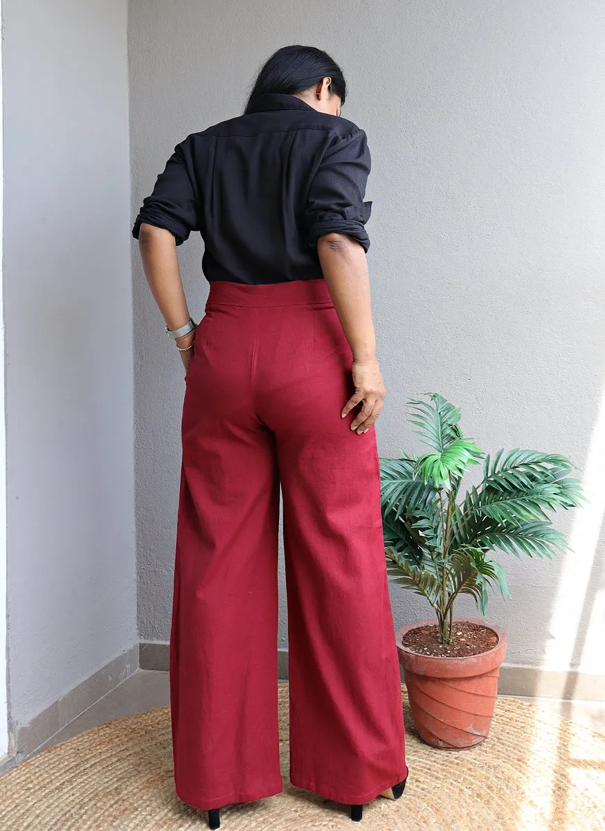 Co-Ord Set Black Linen Shirt and Maroon Wide Leg Pants