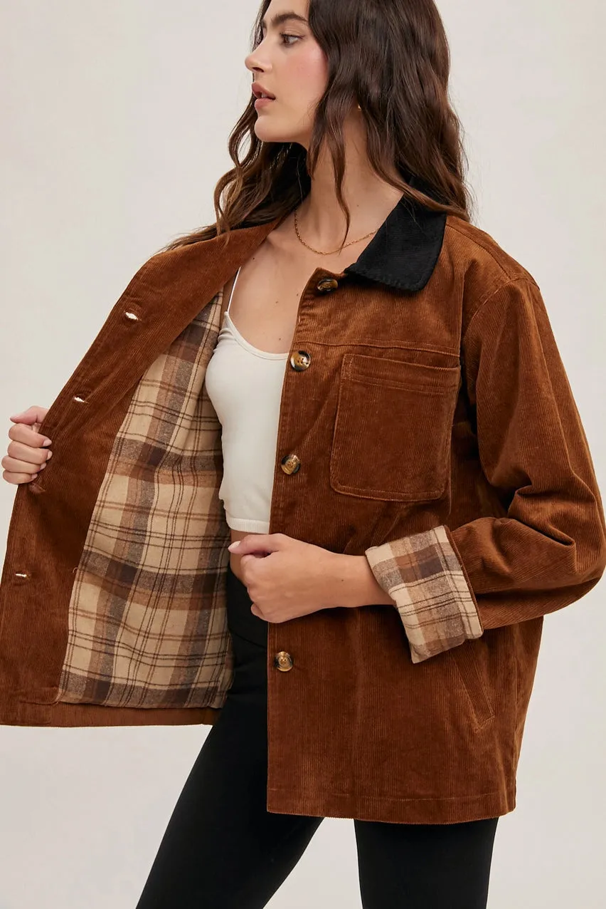 Corduroy Button Down Barn Coat Inner Plaid