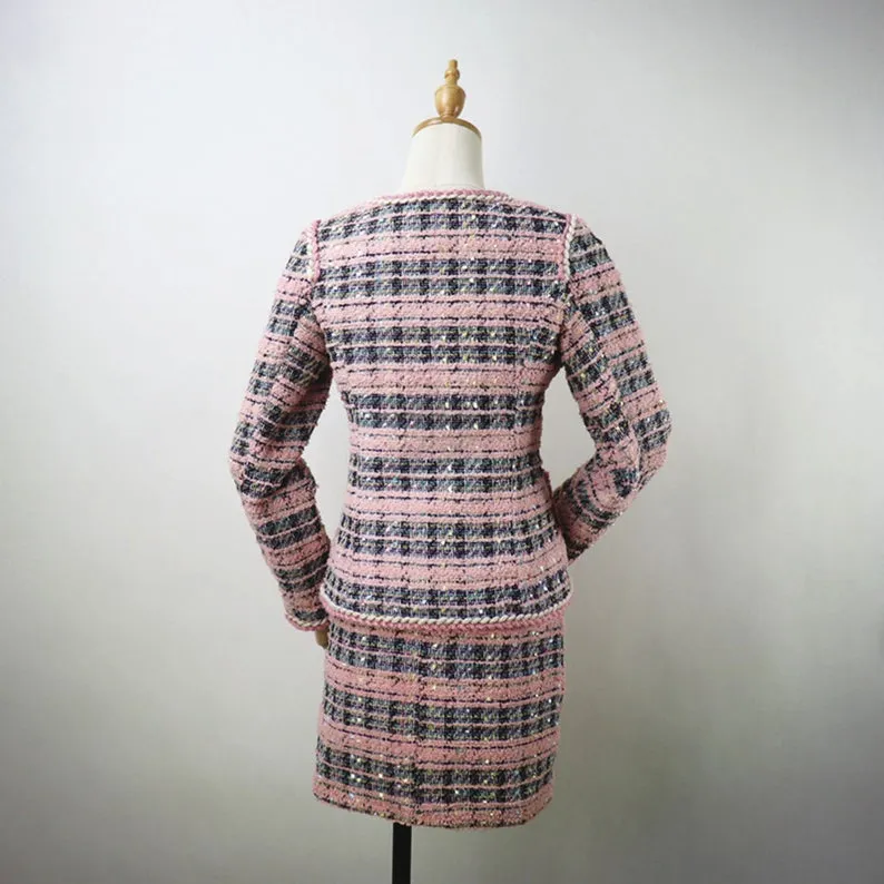 Custom Made Checked Pattern Tweed Skirt Suit Pink for Women