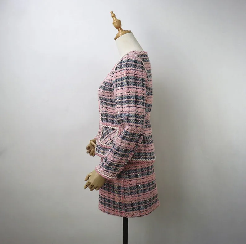 Custom Made Checked Pattern Tweed Skirt Suit Pink for Women