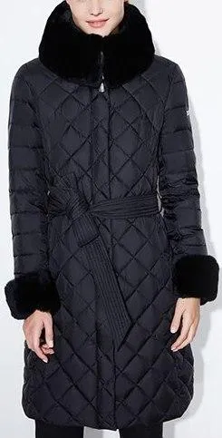 Diamond Padded Fur-Trim Coat, Black