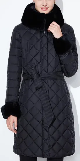 Diamond Padded Fur-Trim Coat, Black