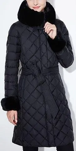 Diamond Padded Fur-Trim Coat, Black