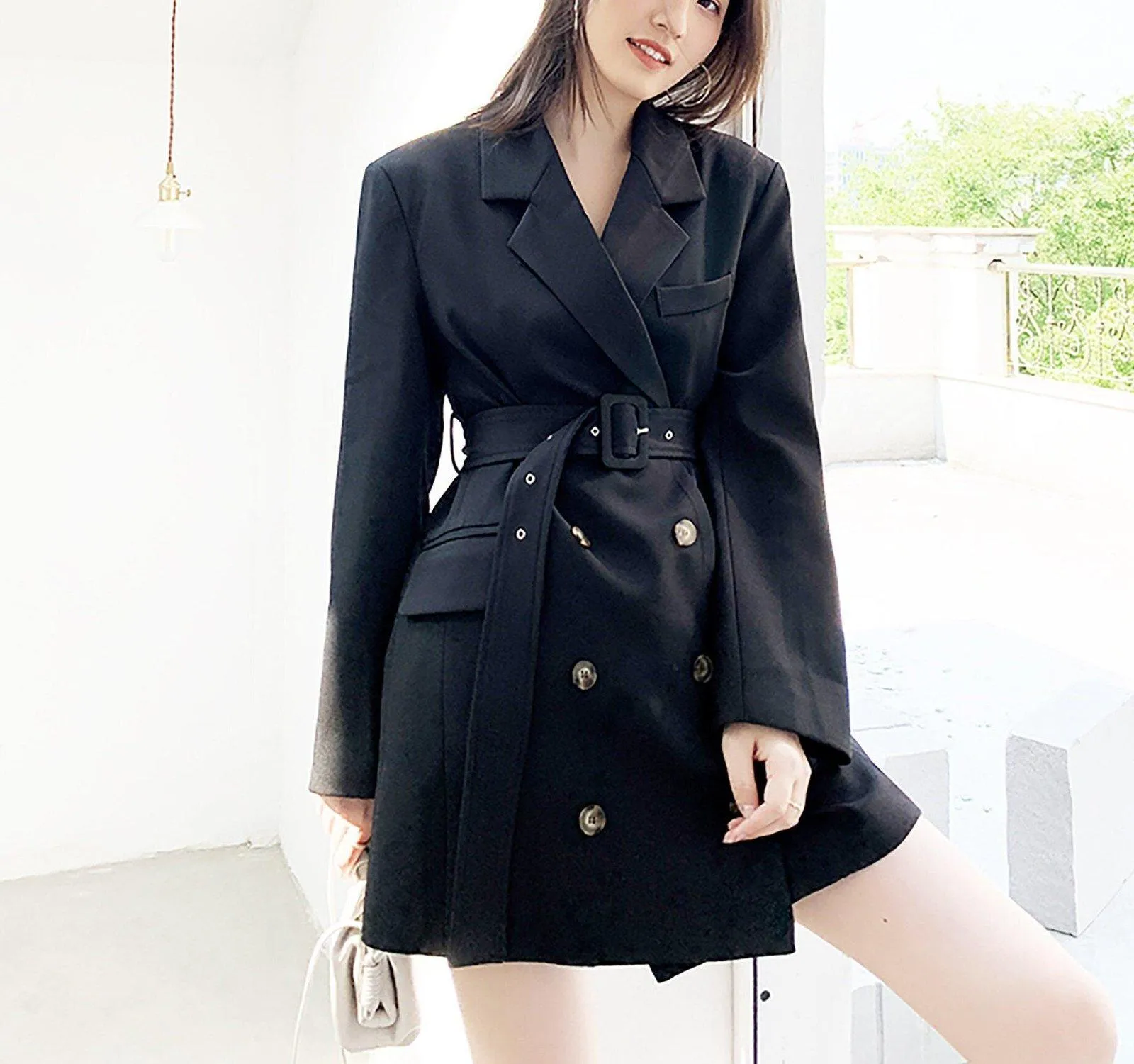 Double Breasted Belted Long Sleeve Blazer Dress