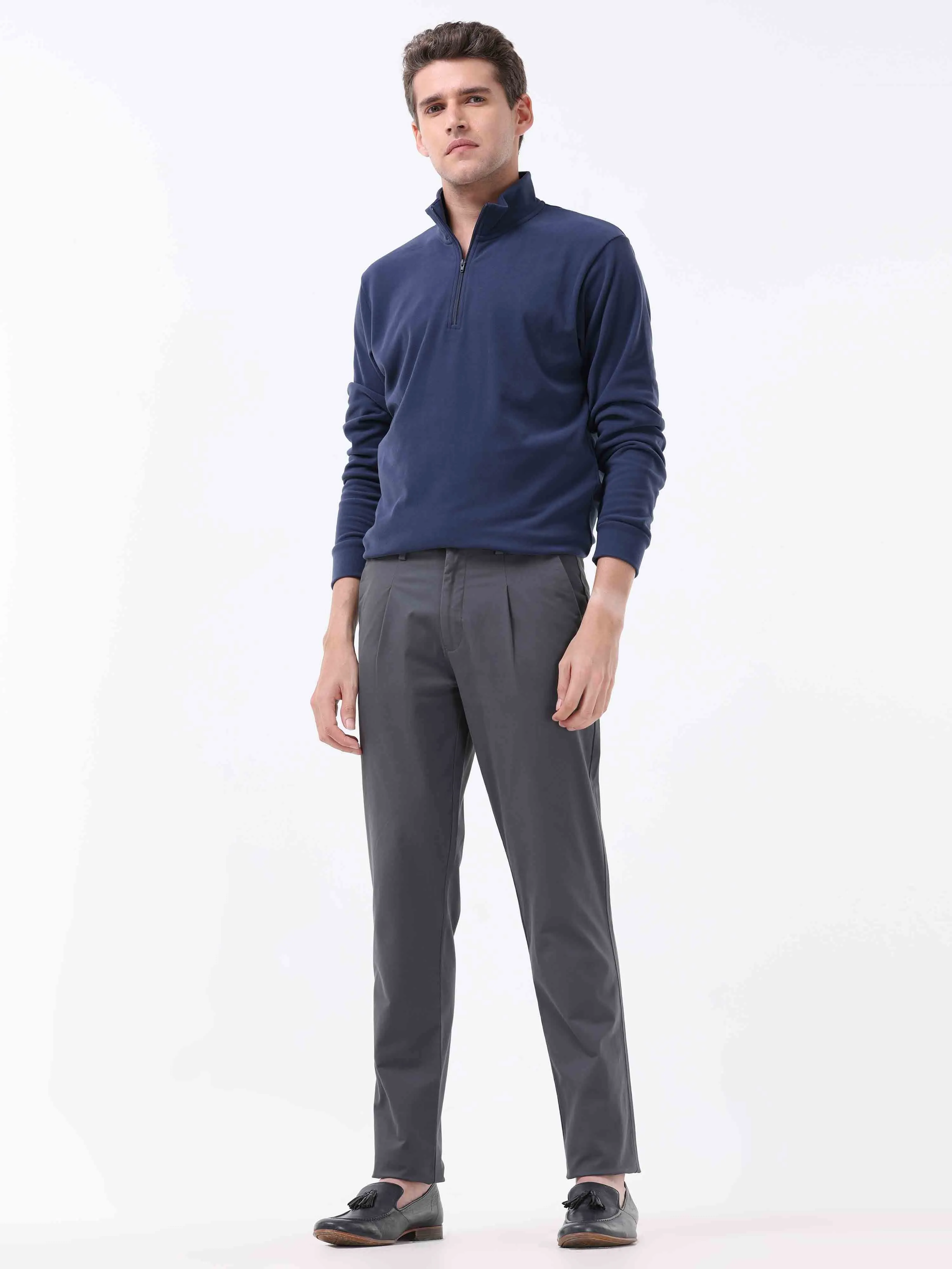 Essential Pleated Dark Grey Fine Twill Pant