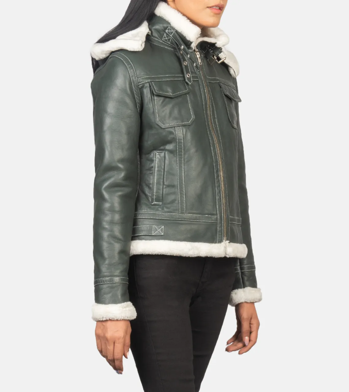 Fiona Green Hooded Shearling Women's Leather Jacket