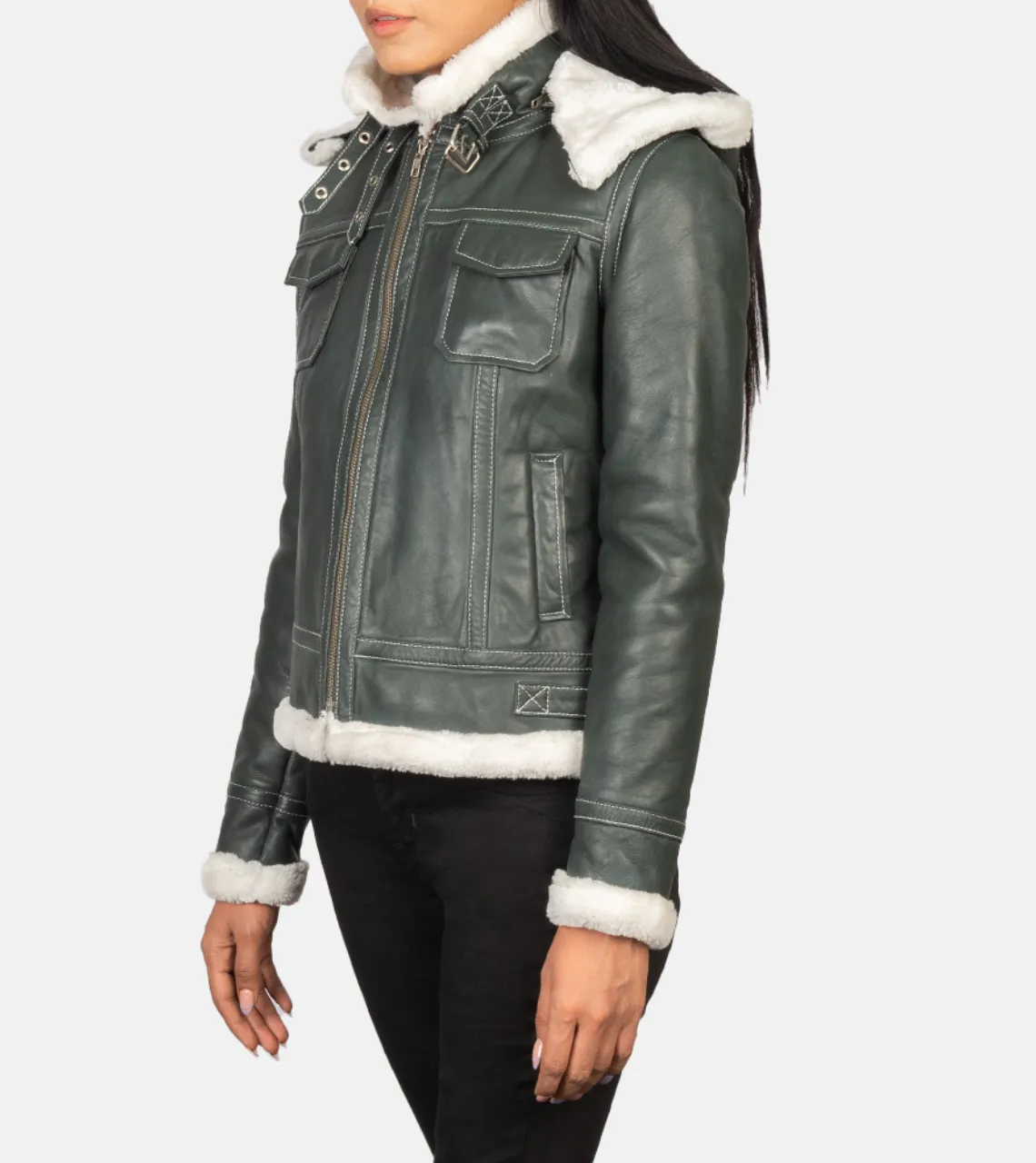 Fiona Green Hooded Shearling Women's Leather Jacket