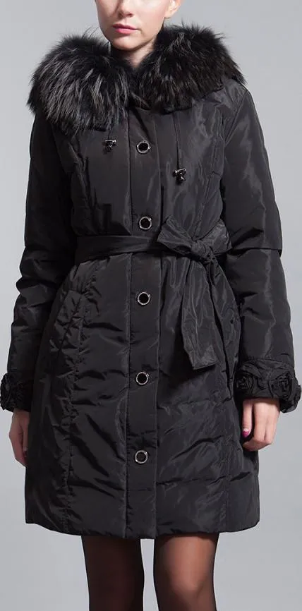 Floral-Cuff Fur Collar Puffer Down Coat, Black