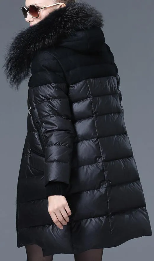 Fur-Hooded Down Puffer Coat, Black