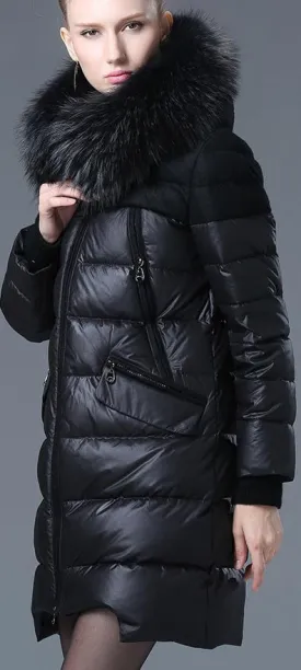 Fur-Hooded Down Puffer Coat, Black