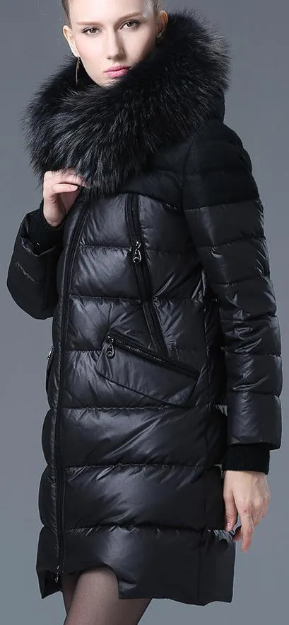 Fur-Hooded Down Puffer Coat, Black