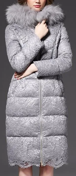 Fur-Hooded Lace Puffer Down Coat in Black or Grey