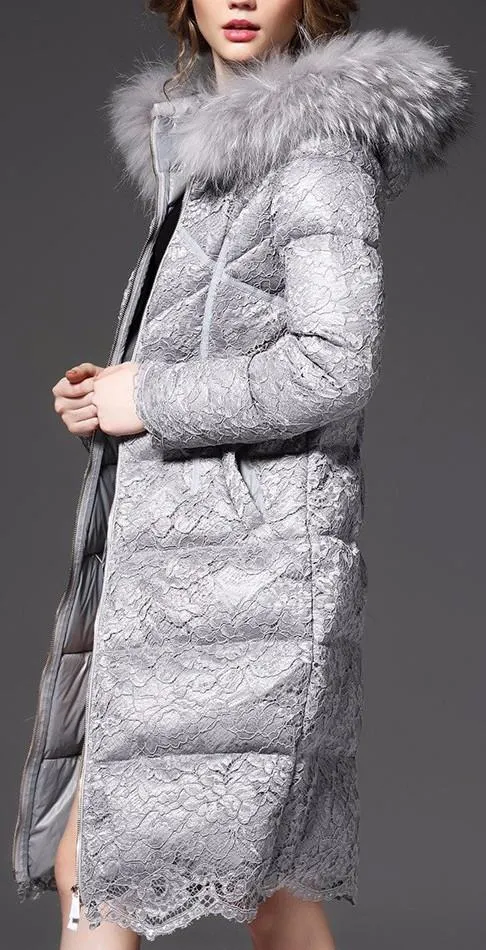 Fur-Hooded Lace Puffer Down Coat in Black or Grey