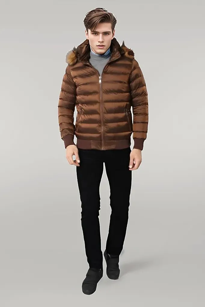 Fur Hooded Men's Puffer Coat in Tan | Wessi