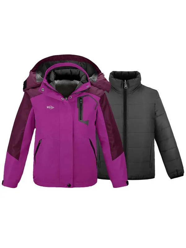 Girls 3 in 1 Waterproof Ski Jacket Warm Fleece Hooded Coat