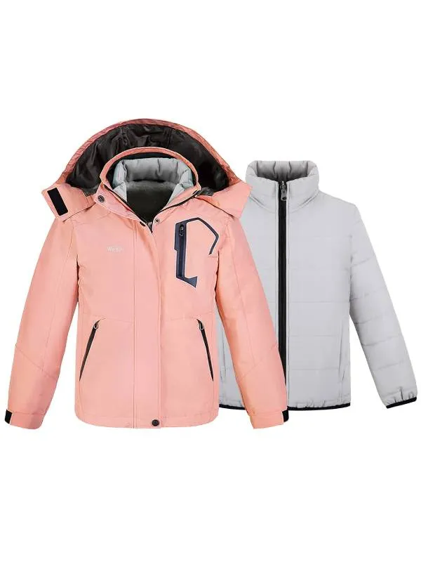 Girls 3 in 1 Waterproof Ski Jacket Warm Fleece Hooded Coat