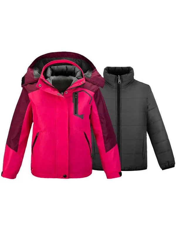 Girls 3 in 1 Waterproof Ski Jacket Warm Fleece Hooded Coat