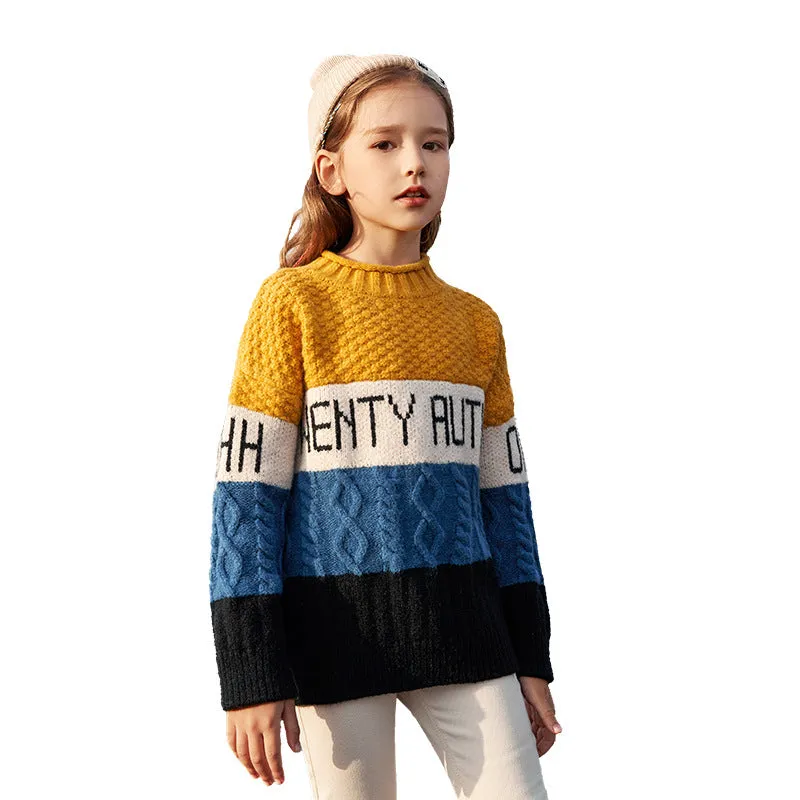 Girls' Color Matching Sweater Autumn and Winter Children Thickened Knitting Children GIRL'S down Coat