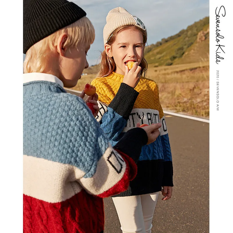 Girls' Color Matching Sweater Autumn and Winter Children Thickened Knitting Children GIRL'S down Coat