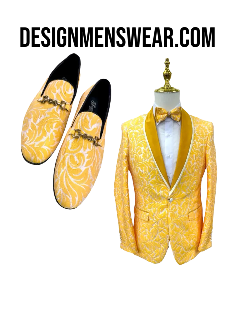 Gold Paisley Men's Blazer Luxury Design Shall Lapel Slim-Fit with Bowtie