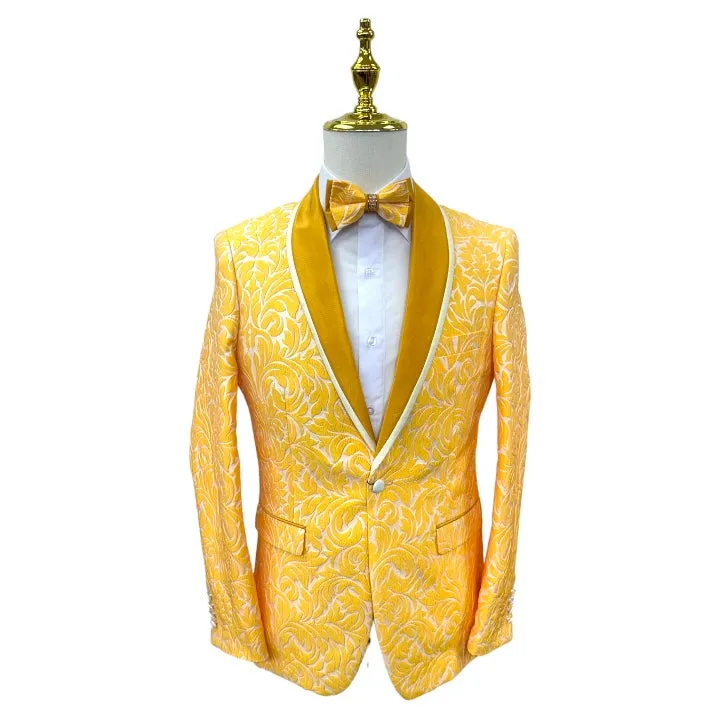 Gold Paisley Men's Blazer Luxury Design Shall Lapel Slim-Fit with Bowtie