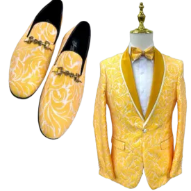 Gold Paisley Men's Blazer Luxury Design Shall Lapel Slim-Fit with Bowtie