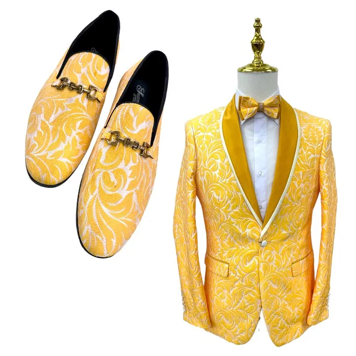 Gold Paisley Men's Blazer Luxury Design Shall Lapel Slim-Fit with Bowtie