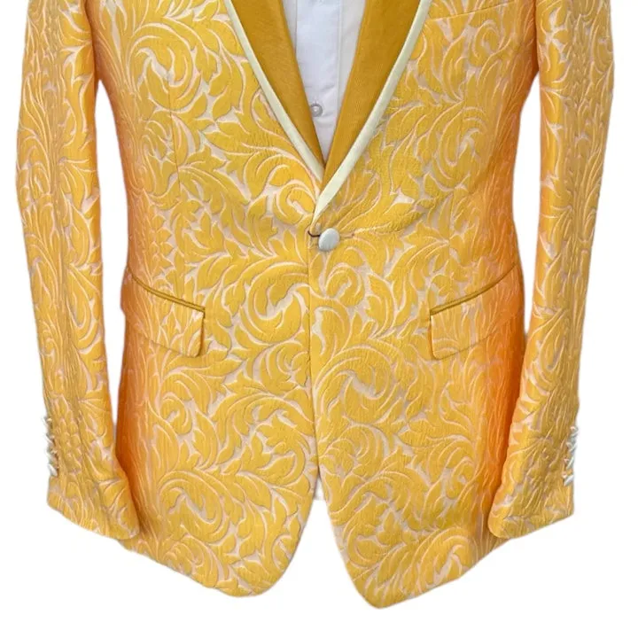 Gold Paisley Men's Blazer Luxury Design Shall Lapel Slim-Fit with Bowtie