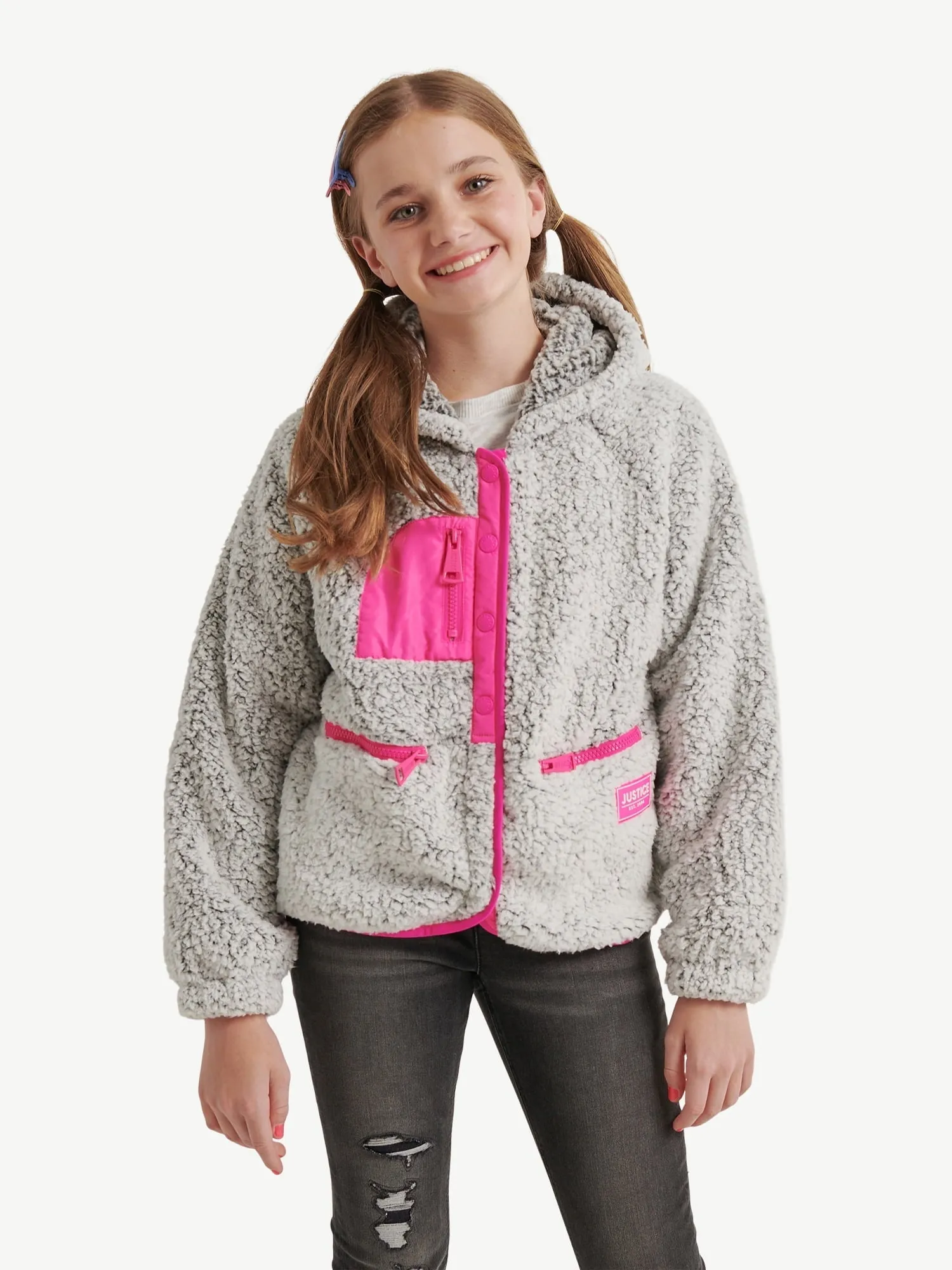 Justice Girls Full Zip Faux Sherpa Jacket with Hood, Sizes XS-XLP