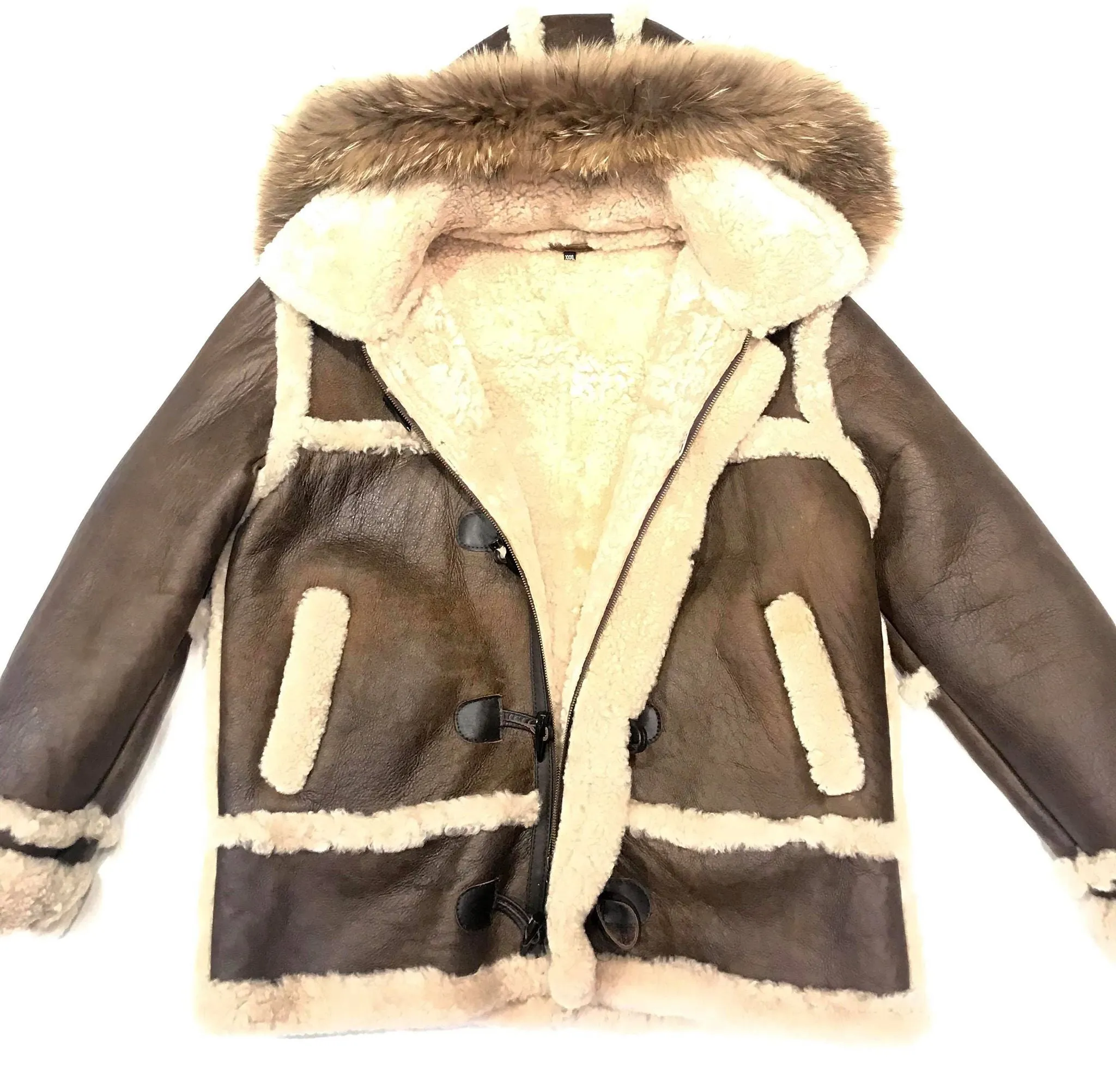 Kashani Deep Chocolate Duffel Fox Hooded Long Shearling Jacket