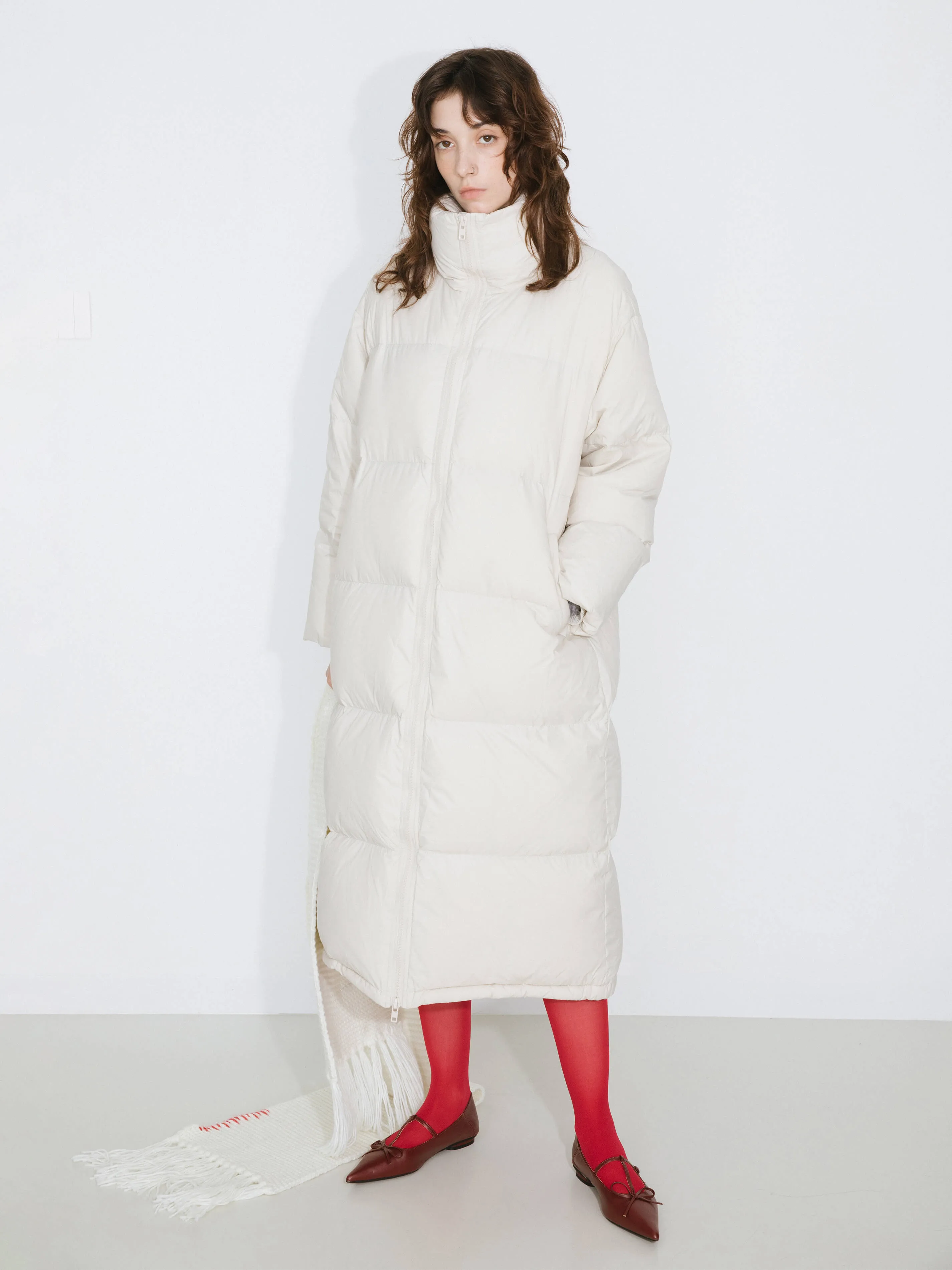 Long High Neck Zip Up Cocoon Down Coat