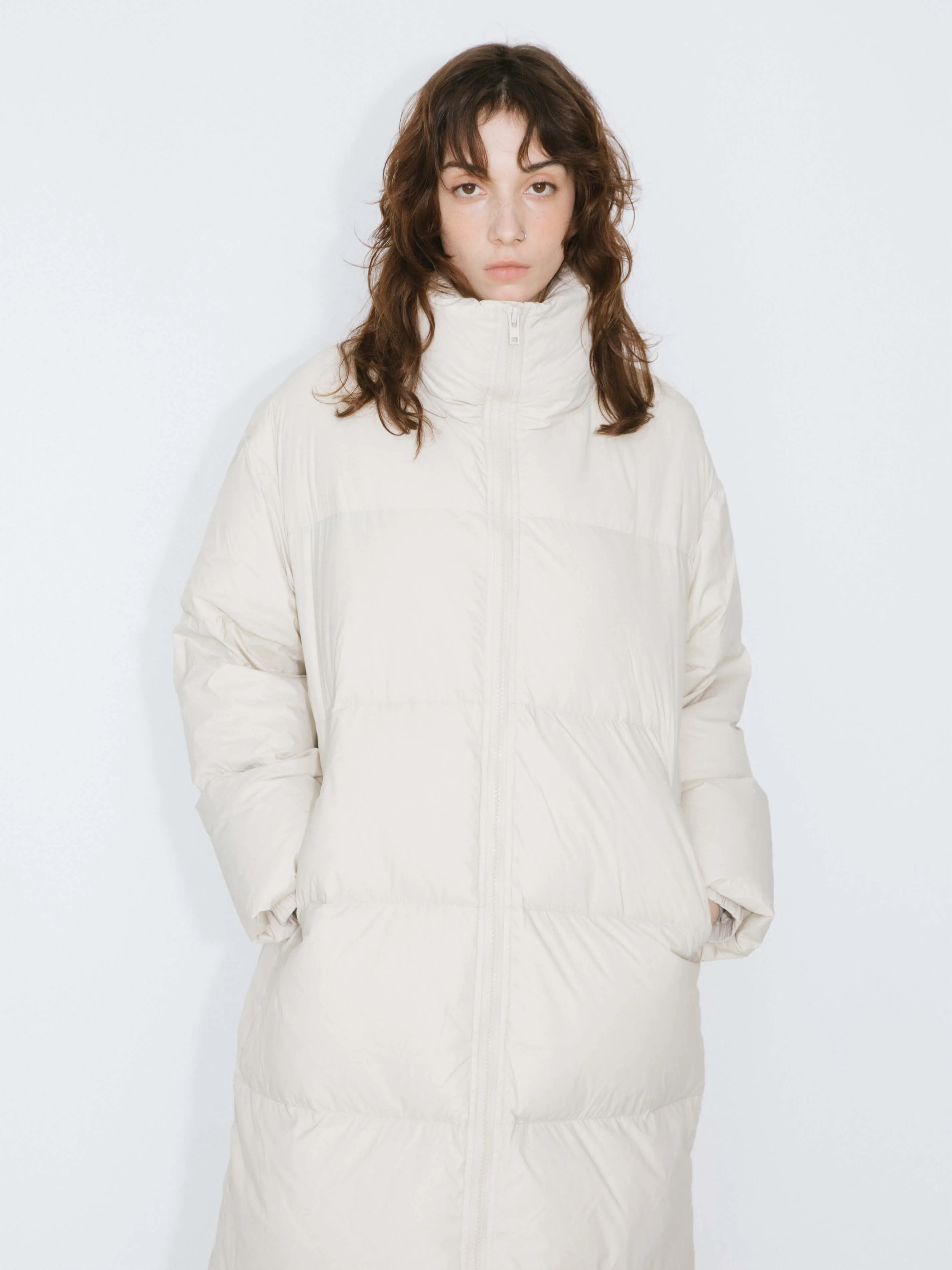 Long High Neck Zip Up Cocoon Down Coat