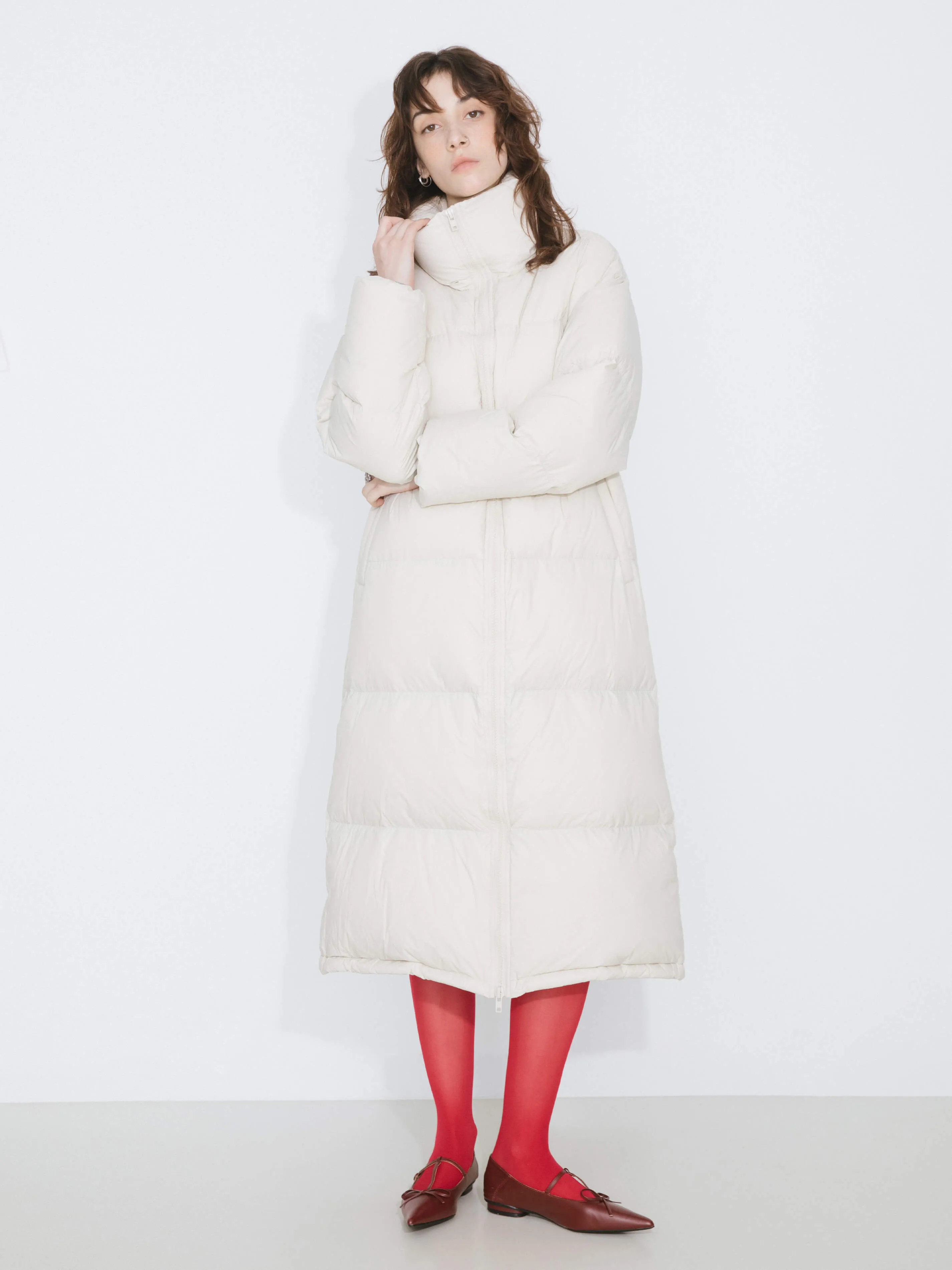 Long High Neck Zip Up Cocoon Down Coat