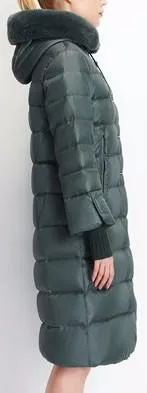 Long Puffer Coat with Rabbit Fur Hood in Green